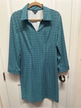 Melly M Teal Blue Greek Key Geometric 3/4 Sleeve Shift Dress M
